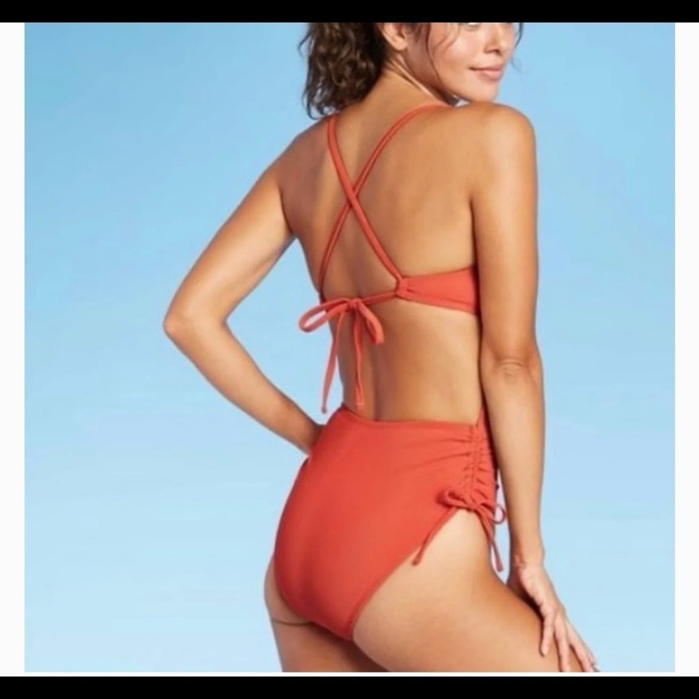 RIBBED Side-Cinch One Piece Swimsuit - Xhilaration orange nwt small - Picture 3 of 5
